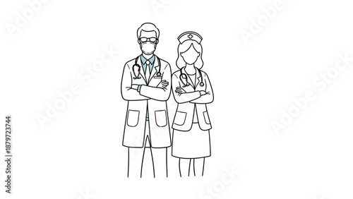 Healthcare professionals in masked silhouette style