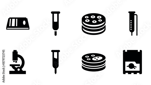 Laboratory equipment black icons set: microscope, test tubes, petri dishes, pipettes
