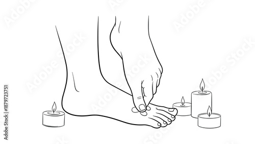 Minimalist line art of feet with candles for relaxation and spa themes