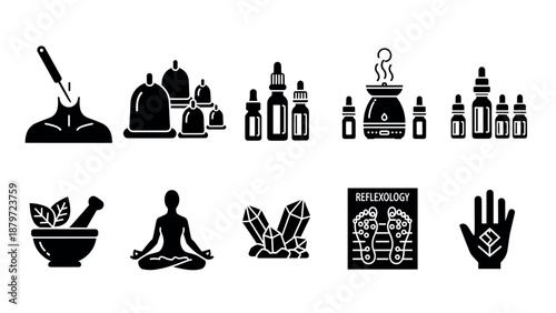 Holistic healing icons: acupuncture, aromatherapy, meditation, and reflexology