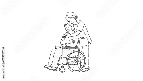 Healthcare support: nurse assisting patient in wheelchair, linear design