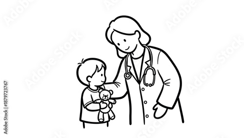 Pediatric doctor caring for child with toy bear in linear style