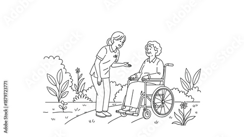 Caring nurse assisting elderly woman in wheelchair: compassionate healthcare scene in nature
