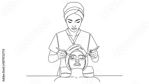 Spa facial treatment illustration: beauty therapist applying face mask in outline style