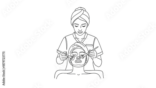 Spa facial treatment session with beautician applying skincare in linear style