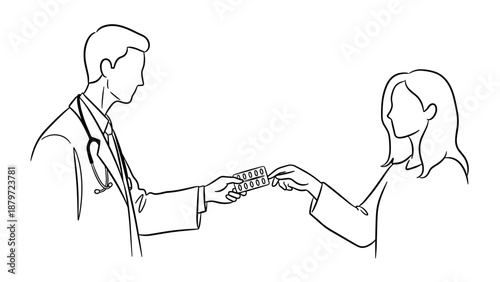 Linear drawing of doctor and patient exchanging medication in healthcare setting