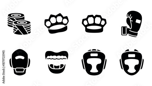 Martial arts equipment icons: gloves, headgear, mouthguard, and hand wraps in bold silhouette style