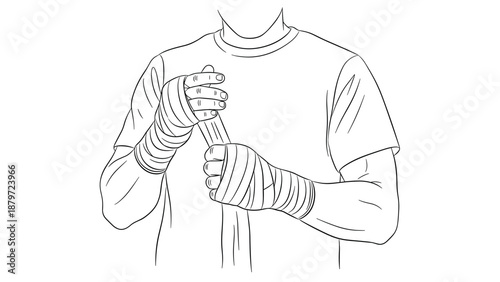 Boxer wrapping hands in line art style for training preparation