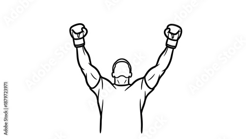 Triumphant man with raised fists in boxing gloves line art