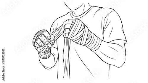 Boxer wrapping hands: detailed line art depiction of training ritual