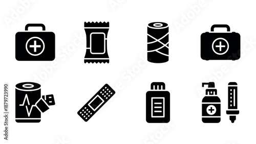 Essential medical icons set: first aid kit, bandages, sanitizer, and more