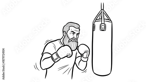 Boxer training with punching bag in linear black and white artwork