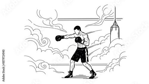 Dynamic boxer training with punching bag and dramatic clouds