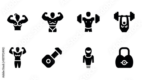 Fitness icons set featuring silhouette bodybuilders and gym equipment