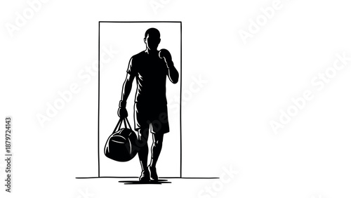 Silhouette of boxer entering gym with training bag against minimalist background