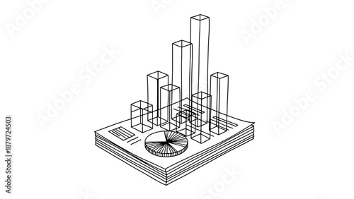Hand-drawn graphs with 3d bar and pie charts on paper