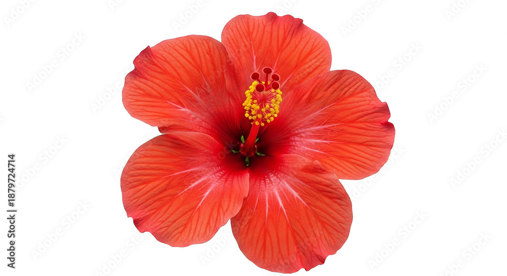 Fototapeta premium Vibrant red hibiscus blossom displays delicate petal texture and bright yellow stamen against black