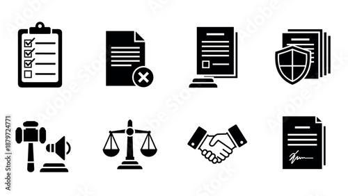 Set of business and legal silhouettes: contracts, documents, and symbols