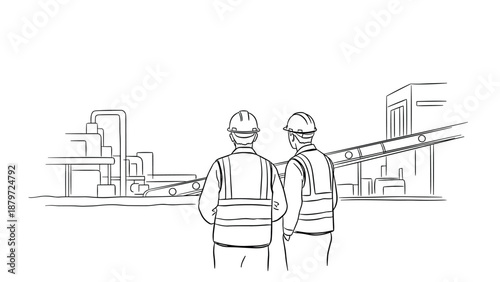 Engineers overseeing industrial site development in linear style