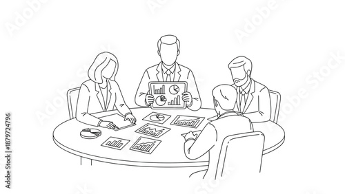 Line art business team meeting analyzing charts and graphs around table