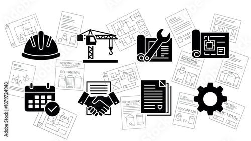 Construction and engineering icons with blueprint documents in black and white silhouette style