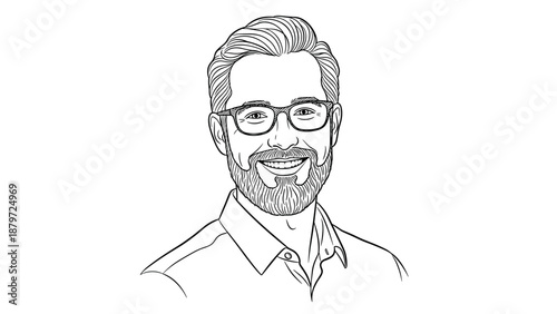 Smiling bearded man with glasses: elegant black and white linear portrait