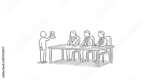 Business interview concept: candidate presenting to panel in simple line art