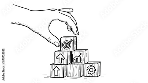 Hand arranging wooden blocks with business icons in linear black and white style