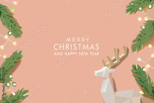Festive christmas scene with deer foliage and holiday greetings on peach background