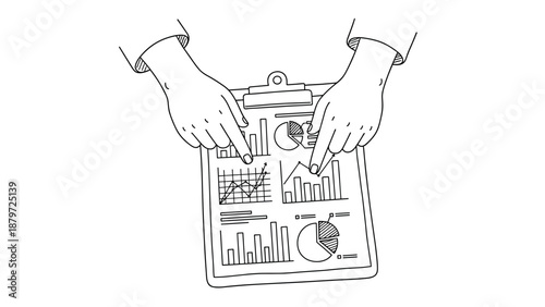 Business analysis in line art style: hands holding clipboard with charts