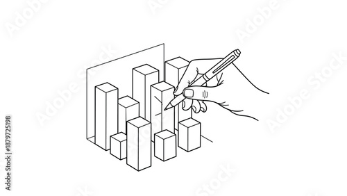 Hand sketching bar graph: linear 3d visualization of data analysis and growth trends