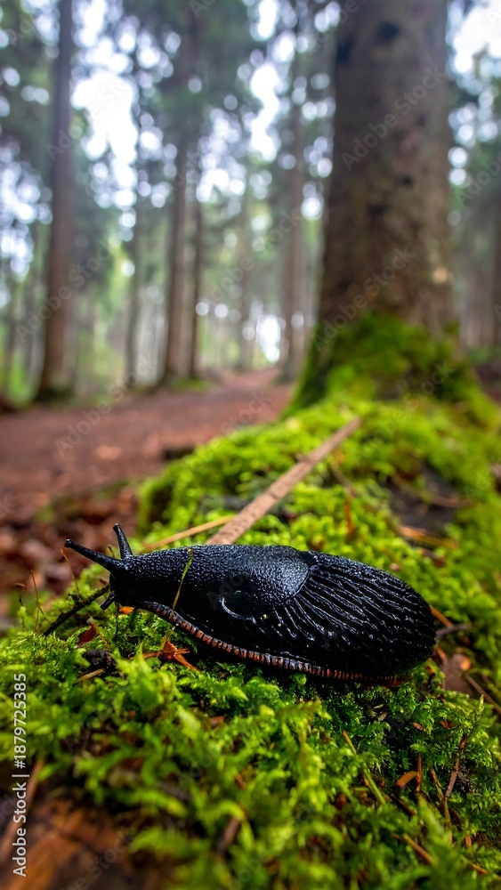 Obraz premium A large black slug crawls across mossy log in misty forest