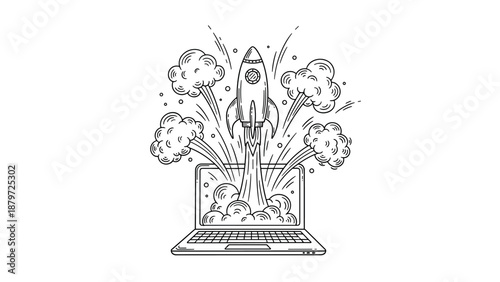 Rocket launching from laptop with smoke and clouds in linear style