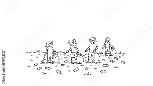 Children collecting litter in park: line art depiction of environmental care