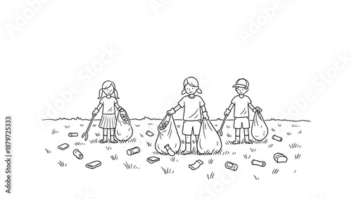 Children collecting litter in a field for environmental cleanup
