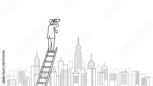 Businessman observing cityscape from ladder in outline style