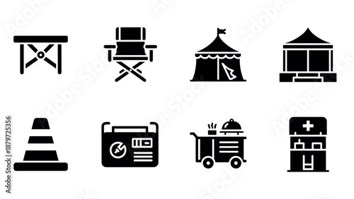 Set of silhouette icons: camping, chair, tent, stage, cone, radio, cart, aid kit
