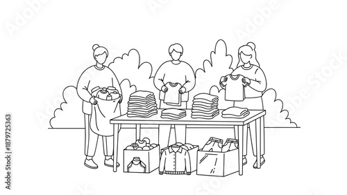 Volunteers organizing clothes at donation stand in linear art style
