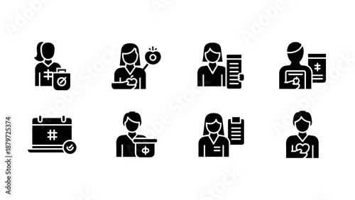 Healthcare and medical icons set featuring professionals, nutrition, and schedules