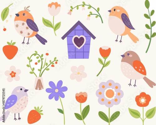 Colorful illustration of birds flowers and a heart shaped birdhouse