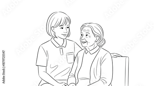 Caring connection: young woman comforting elderly lady in outline style
