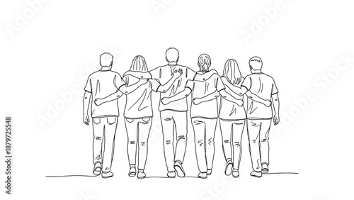 Back view of friends walking together in continuous line art style