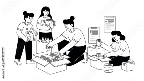 Community volunteers packing supplies in monochrome line art style