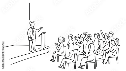 Business presentation with engaged audience in linear art style