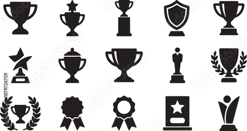 Set of various trophy and award icons representing achievement, success, victory, and recognition in competitions and celebrations