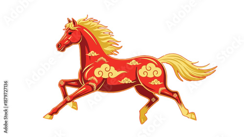 Golden ornate horse illustration running dynamically from side view with flowing mane and tail