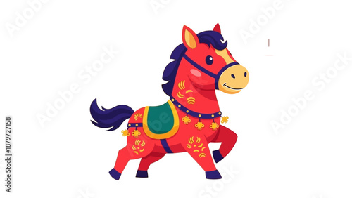 Vibrant illustration of horse in dynamic motion, showcasing traditional patterns and cultural heritage in a decorative equestrian theme from a side viewpoint
