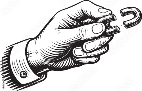 Hand holding magnet isolated illustration showing attraction force influence concept