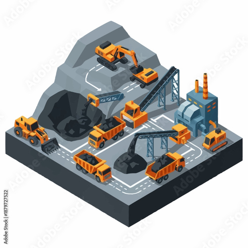 Isometric Coal Mining Operation with Heavy Machinery and Processing Plant.