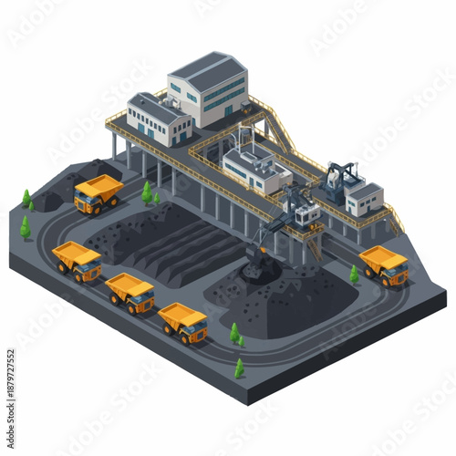 Isometric Coal Mining Operation with Heavy Machinery and Processing Plant.